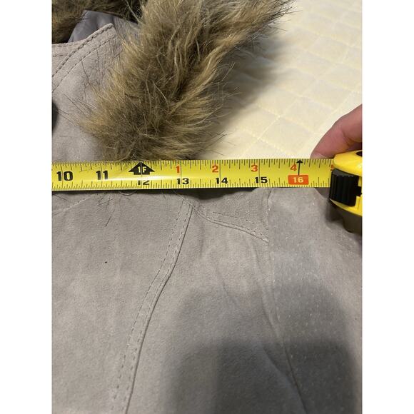 NWT DOLLHOUSE Sz Large Bomber Jacket Gray Genuine Leather Suede Faux Fur Hoodie - Picture 13 of 16